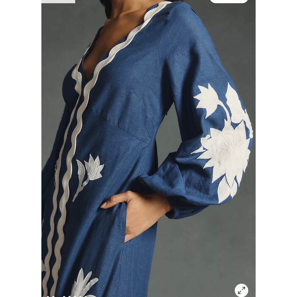 Farm Rio Flounce Blue & White Embroidered Linen-Blend Maxi Dress Pockets Size XS - Picture 3 of 14